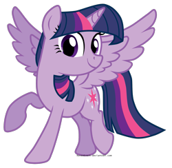 Size: 2053x2000 | Tagged: safe, artist:ravenevert, derpibooru import, twilight sparkle, twilight sparkle (alicorn), alicorn, pony, cute, female, looking at you, mare, one hoof raised, show accurate, simple background, smiling, solo, spread wings, transparent background, twiabetes, wings