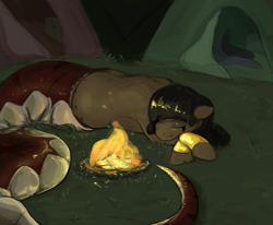 Size: 1549x1274 | Tagged: safe, artist:testostepone, derpibooru import, oc, oc:sahara, lamia, original species, bracelet, camp, campfire, eyes closed, eyeshadow, female, forest, jewelry, lying down, makeup, mare, night, prone, sleeping, solo, solo female, tent