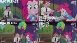 Size: 1280x720 | Tagged: safe, derpibooru import, edit, edited screencap, editor:quoterific, screencap, mulberry barricade, pinkie pie, better together, equestria girls, five lines you need to stand in, bag, balloon, camera shot, clothes, cutie mark, cutie mark on clothes, eyes closed, geode of sugar bombs, looking at you, magical geodes, music festival outfit, smiling