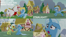 Size: 1280x720 | Tagged: safe, derpibooru import, edit, edited screencap, editor:quoterific, screencap, bulk biceps, granny smith, trixie, earth pony, pegasus, unicorn, all bottled up, angry, female, male, mare, open mouth, red eyes, stallion