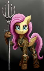 Size: 1600x2560 | Tagged: safe, artist:raphaeldavid, derpibooru import, fluttershy, pegasus, pony, adventurer, aquaman, badass, crossover, dc comics, dc extended universe, female, flutterbadass, folded wings, full face view, hoof hold, looking at you, mare, quindent, raised hoof, raised leg, serious, solo, standing, superhero, superhero costume, trident, wings, zack snyder's justice league