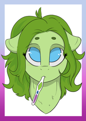 Size: 1026x1440 | Tagged: safe, artist:cold blight, derpibooru import, oc, oc only, oc:lief, bean brows, cute, ears, floppy ears, simple background, toothbrush