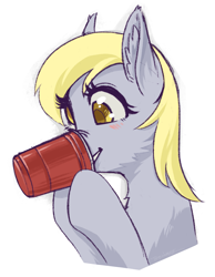 Size: 1537x1985 | Tagged: safe, artist:taytinabelle, derpibooru import, derpy hooves, pegasus, pony, blushing, cheek fluff, cup, cute, derpabetes, derpy being derpy, ear fluff, ears, female, hoof hold, mare, nose wrinkle, red solo cup, scrunchy face, simple background, smiling, solo, white background