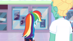 Size: 3410x1920 | Tagged: safe, derpibooru import, screencap, rainbow dash, zephyr breeze, better together, equestria girls, holidays unwrapped, clothes, dashing through the mall, female, hoodie, male