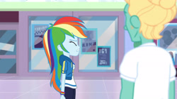 Size: 3410x1920 | Tagged: safe, derpibooru import, screencap, rainbow dash, zephyr breeze, better together, equestria girls, holidays unwrapped, clothes, cutie mark, cutie mark on clothes, dashing through the mall, eyes closed, female, geode of super speed, hoodie, jewelry, magical geodes, male, necklace
