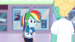 Size: 3410x1920 | Tagged: safe, derpibooru import, screencap, rainbow dash, zephyr breeze, better together, equestria girls, holidays unwrapped, clothes, dashing through the mall, female, geode of super speed, hoodie, jewelry, magical geodes, male, necklace