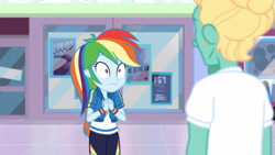 Size: 3410x1920 | Tagged: safe, derpibooru import, screencap, rainbow dash, zephyr breeze, better together, equestria girls, holidays unwrapped, :i, clothes, cutie mark, cutie mark on clothes, dashing through the mall, faic, female, hoodie, jewelry, male, necklace, rainbow dash is best facemaker, wide eyes