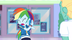 Size: 3410x1920 | Tagged: safe, derpibooru import, screencap, rainbow dash, zephyr breeze, better together, equestria girls, holidays unwrapped, clothes, cutie mark, cutie mark on clothes, dashing through the mall, eyes closed, female, geode of super speed, hoodie, jewelry, magical geodes, male, necklace, open mouth