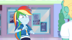 Size: 3410x1920 | Tagged: safe, derpibooru import, screencap, rainbow dash, zephyr breeze, better together, equestria girls, holidays unwrapped, clothes, cutie mark, cutie mark on clothes, dashing through the mall, faic, female, geode of super speed, hoodie, jewelry, magical geodes, male, necklace, rainbow dash is best facemaker