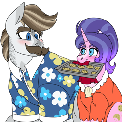 Size: 3000x3000 | Tagged: safe, artist:gingygin, derpibooru import, cookie crumbles, hondo flanks, pony, unicorn, baking sheet, blushing, clothes, cookie, cookieflanks, female, food, hawaiian shirt, husband and wife, male, mare, mouth hold, shipping, shirt, simple background, stallion, straight, white background