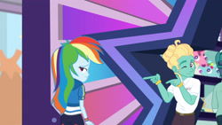 Size: 3410x1920 | Tagged: safe, derpibooru import, screencap, rainbow dash, zephyr breeze, better together, equestria girls, holidays unwrapped, belt, clothes, dashing through the mall, female, hoodie, male, one eye closed, wink