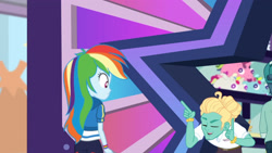 Size: 3410x1920 | Tagged: safe, derpibooru import, screencap, rainbow dash, zephyr breeze, better together, equestria girls, holidays unwrapped, clothes, dashing through the mall, eyes closed, female, hoodie, male