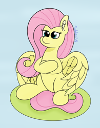 Size: 1320x1690 | Tagged: safe, artist:subleni, derpibooru import, fluttershy, pegasus, pony, blue background, crossed hooves, ear fluff, ears, female, mare, simple background, sitting, solo, spread wings, three quarter view, unamused, wings