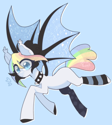 Size: 1727x1929 | Tagged: safe, artist:pastelpastryuwu, derpibooru import, oc, oc only, oc:pastelias, bat pony, pony, clothes, collar, flying, looking at you, socks, solo, spiked collar, striped socks