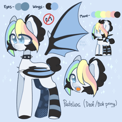 Size: 1440x1445 | Tagged: safe, artist:pastelpastryuwu, derpibooru import, oc, oc:pastelias, bat pony, pony, chibi, clothes, collar, fangs, open mouth, reference sheet, socks, solo, spiked collar, spread wings, striped socks, wings