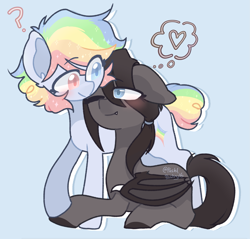 Size: 1853x1769 | Tagged: safe, artist:pastelpastryuwu, derpibooru import, oc, oc only, bat pony, earth pony, pony, cuddling, ears, female, floppy ears, heart, heterochromia, lesbian, oc x oc, one eye closed, question mark, shipping, smiling