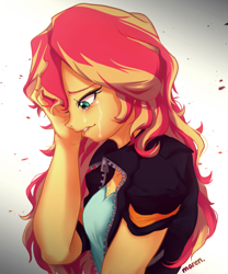 Size: 1700x2047 | Tagged: safe, artist:maren, derpibooru import, sunset shimmer, equestria girls, crying, female, lip bite, sad, sunsad shimmer