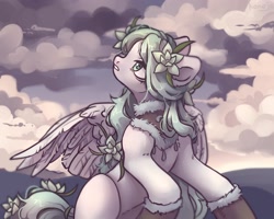 Size: 3000x2400 | Tagged: safe, artist:konejo, derpibooru import, oc, oc only, pegasus, pony, flower, flower in hair, looking back, mittens, solo, spread wings, tired, wings