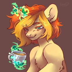 Size: 2151x2160 | Tagged: safe, artist:konejo, derpibooru import, oc, oc only, oc:mint tea, pony, unicorn, blushing, cup, food, levitation, lidded eyes, magic, solo, tea, teacup, telekinesis