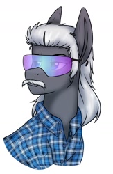 Size: 1212x1864 | Tagged: safe, artist:zahsart, derpibooru import, oc, oc only, earth pony, pony, clothes, facial hair, flannel shirt, lidded eyes, moustache, piercing, shirt, solo, sunglasses, visor