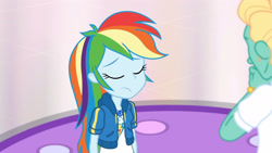 Size: 3410x1920 | Tagged: safe, derpibooru import, screencap, rainbow dash, zephyr breeze, better together, equestria girls, holidays unwrapped, clothes, cutie mark, cutie mark on clothes, dashing through the mall, eyes closed, female, geode of super speed, hoodie, jewelry, magical geodes, male, necklace