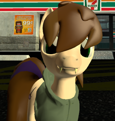 Size: 658x690 | Tagged: safe, artist:lil_vampirecj, derpibooru import, screencap, oc, oc:cjvampire, earth pony, pony, 3d, 7 eleven, brown mane, clothes, game:gmod, gmod, green eyes, jacket, photo, smiling, solo