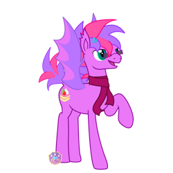 Size: 894x894 | Tagged: safe, artist:lovelypromise, derpibooru import, oc, oc only, oc:fruity, bat pony, pony, baked goods, bat pony oc, bat wings, cake, clothes, colored, cutie mark, dessert, ear fluff, ears, fangs, femboy, feminine stallion, food, fruitcake, glasses, grin, hairpin, happy, male, open mouth, pointed ears, raised hoof, raised leg, scarf, short mane, short tail, slender, slit eyes, smiling, spread wings, stallion, standing, strawberry, tall, whipped cream, wings