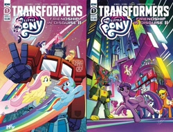 Size: 3180x2424 | Tagged: safe, artist:bethanymcguire-smith, artist:tonyfleecs, derpibooru import, idw, applejack, fluttershy, pinkie pie, rainbow dash, rarity, twilight sparkle, twilight sparkle (alicorn), alicorn, spoiler:comic, bumblebee (transformers), megatron, optimus prime, peace sign, soundwave, starscream, the magic of cybertron, transformers, windblade