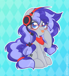 Size: 1779x1974 | Tagged: safe, artist:ninnydraws, derpibooru import, oc, oc only, oc:cinnabyte, earth pony, female, headphones, looking at you, mare, simple background, sitting