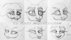 Size: 1024x576 | Tagged: safe, artist:maryhoovesfield, derpibooru import, oc, oc only, pony, bust, crying, ears, expressions, eyelashes, female, floppy ears, grayscale, lineart, mare, monochrome, open mouth, signature, smiling, suspicious, traditional art