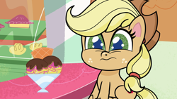 Size: 1920x1080 | Tagged: safe, derpibooru import, screencap, applejack, how applejack got her hat back, my little pony: pony life, food, ice cream, solo