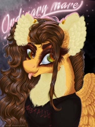 Size: 765x1024 | Tagged: safe, alternate version, artist:maryhoovesfield, derpibooru import, oc, oc only, oc:mary, pegasus, pony, :p, bust, chest fluff, clothes, ear fluff, ear piercing, earring, ears, eyelashes, female, jewelry, mare, pegasus oc, piercing, solo, tongue, tongue out, wings