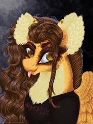 Size: 765x1024 | Tagged: safe, alternate version, artist:maryhoovesfield, derpibooru import, oc, oc only, oc:mary, pegasus, pony, :p, bust, chest fluff, clothes, ear fluff, ear piercing, earring, ears, eyelashes, female, jewelry, mare, pegasus oc, piercing, solo, tongue, tongue out, wings