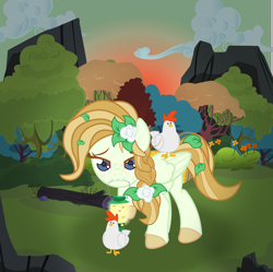 Size: 6095x6062 | Tagged: safe, artist:devorierdeos, derpibooru import, oc, oc:clover, bird, chicken, firefly (insect), insect, pegasus, pony, flower, flower in hair, forest, lamp, solo, sunset