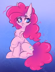 Size: 784x1024 | Tagged: safe, artist:hydrargyrum, derpibooru import, pinkie pie, earth pony, pony, cheek fluff, chest fluff, ear fluff, ears, female, leg fluff, mare, no pupils, sitting, solo