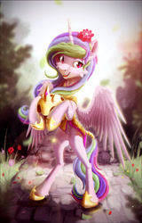 Size: 1761x2743 | Tagged: safe, artist:itssim, derpibooru import, princess celestia, alicorn, pony, armor, flower, forest, helmet, solo, wings