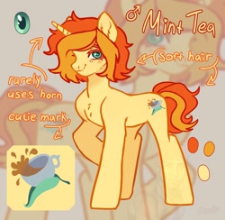 Size: 2209x2160 | Tagged: safe, artist:konejo, derpibooru import, oc, oc only, oc:mint tea, pony, unicorn, reference sheet, solo