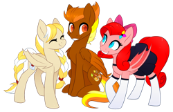 Size: 1852x1200 | Tagged: safe, artist:scarlet-spectrum, derpibooru import, oc, oc:mapleshine, oc:molly d, oc:windflyer, bat pony, pegasus, braided ponytail, braided tail, clothes, cute, fangs, female, looking at each other, male, mare, skirt, socks, stallion, two toned mane, two toned wings, wings