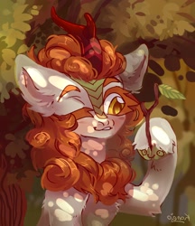 Size: 1864x2160 | Tagged: safe, artist:konejo, derpibooru import, autumn blaze, kirin, autumn blaze's puppet, dappled sunlight, female, looking at something, one eye closed, outdoors, smiling, solo, tree