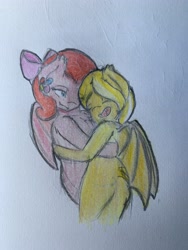 Size: 3024x4032 | Tagged: safe, artist:cloudnova-art, derpibooru import, oc, oc:mapleshine, oc:molly d, bat pony, hug, species swap, traditional art