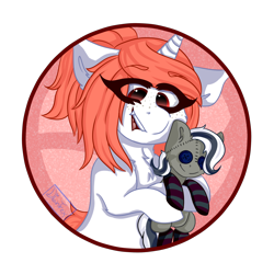 Size: 1280x1280 | Tagged: safe, artist:dian-trex, derpibooru import, oc, oc:bellai, pony, unicorn, ears, excited, female, floppy ears, halfbody, happy, icon, plushie, solo, toy