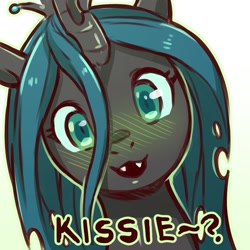 Size: 1159x1159 | Tagged: safe, artist:cold-blooded-twilight, derpibooru import, queen chrysalis, changeling, changeling queen, blushing, bronybait, bust, cute, cutealis, dialogue, female, full face view, green blush, looking at you, simple background, solo, stray strand, talking to viewer, white background