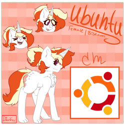Size: 1280x1280 | Tagged: safe, artist:dian-trex, derpibooru import, oc, oc only, oc:ubuntu, cat, unicorn, chest fluff, emotes, female, happy, laughing, linux, paws, ponytail, reference, reference sheet, side view, solo, tongue, tongue out, ubuntu, white fur