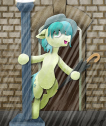 Size: 1280x1513 | Tagged: safe, artist:catscratchpaper, derpibooru import, sandbar, earth pony, pony, hat, lamppost, male, rain, singing in the rain, solo, umbrella