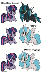 Size: 2595x4691 | Tagged: safe, artist:ledwine glass, derpibooru import, queen chrysalis, twilight sparkle, alicorn, changeling, changeling queen, pony, unicorn, alicornified, chibi, comic, female, pop, purified chrysalis, race swap, silly, simple background, transformation, white background