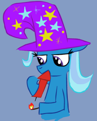 Size: 342x428 | Tagged: safe, artist:selfdestruct2, derpibooru import, trixie, pony, unicorn, blue background, clothes, female, fireworks, hat, mare, mouth hold, simple background, solo, this will end in death, this will not end well, trixie's hat