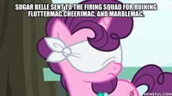 Size: 600x337 | Tagged: safe, derpibooru import, edit, edited screencap, screencap, sugar belle, the big mac question, blindfold, caption, image macro, implied execution, text