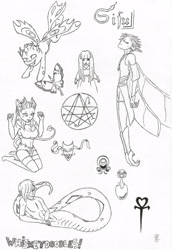 Size: 2028x2956 | Tagged: safe, artist:cindertale, derpibooru import, oc, oc only, anthro, changeling, lamia, original species, anthro with ponies, changeling oc, clothes, flying, lineart, monochrome, simple background, sketch, sketch dump, traditional art, white background