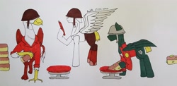 Size: 3799x1855 | Tagged: safe, artist:agdapl, derpibooru import, griffon, pegasus, pony, bread, clothes, crossover, food, helmet, male, ponified, signature, soldier, stallion, team fortress 2, traditional art, wings