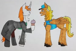 Size: 2853x1904 | Tagged: safe, artist:agdapl, derpibooru import, oc, oc only, pegasus, pony, unicorn, clothes, cupcake, duo, eyes closed, food, hat, hoof hold, horn, male, open mouth, pegasus oc, signature, smiling, stallion, traditional art, unicorn oc, unshorn fetlocks, wings
